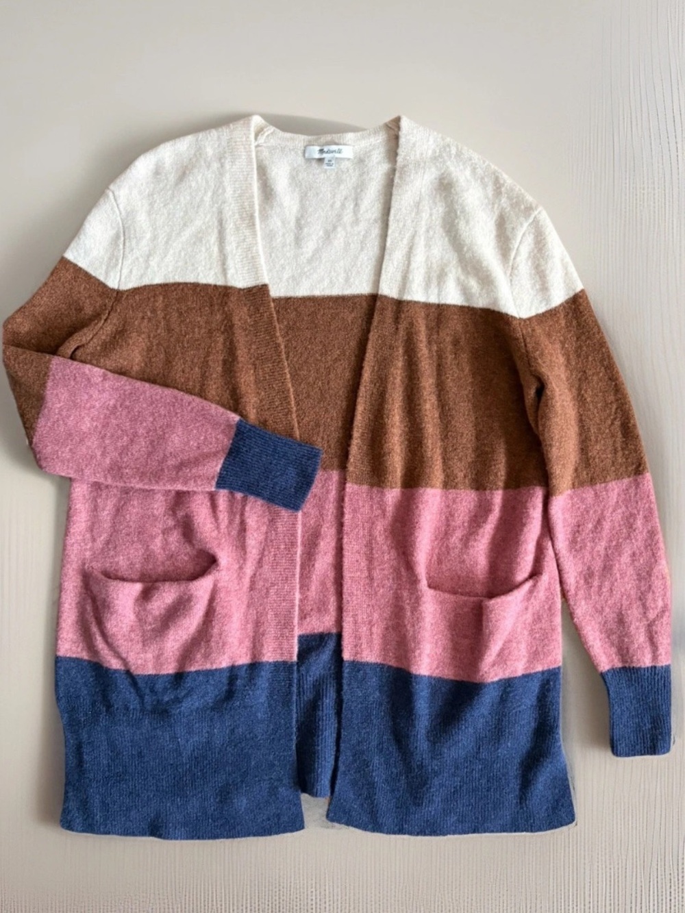 Madewell Colorblock Open Knit Cardigan - Cream, Brown, Pink & Blue XS wool blend